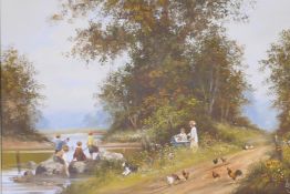 Les Parsons, river scene with children fishing, signed, oil on canvas, 76cm x 50cm
