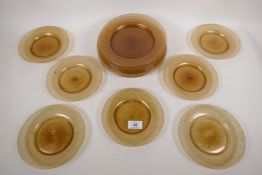 A vintage gold speckled glass dessert service of seven larger and seven small plates, larger 21cm