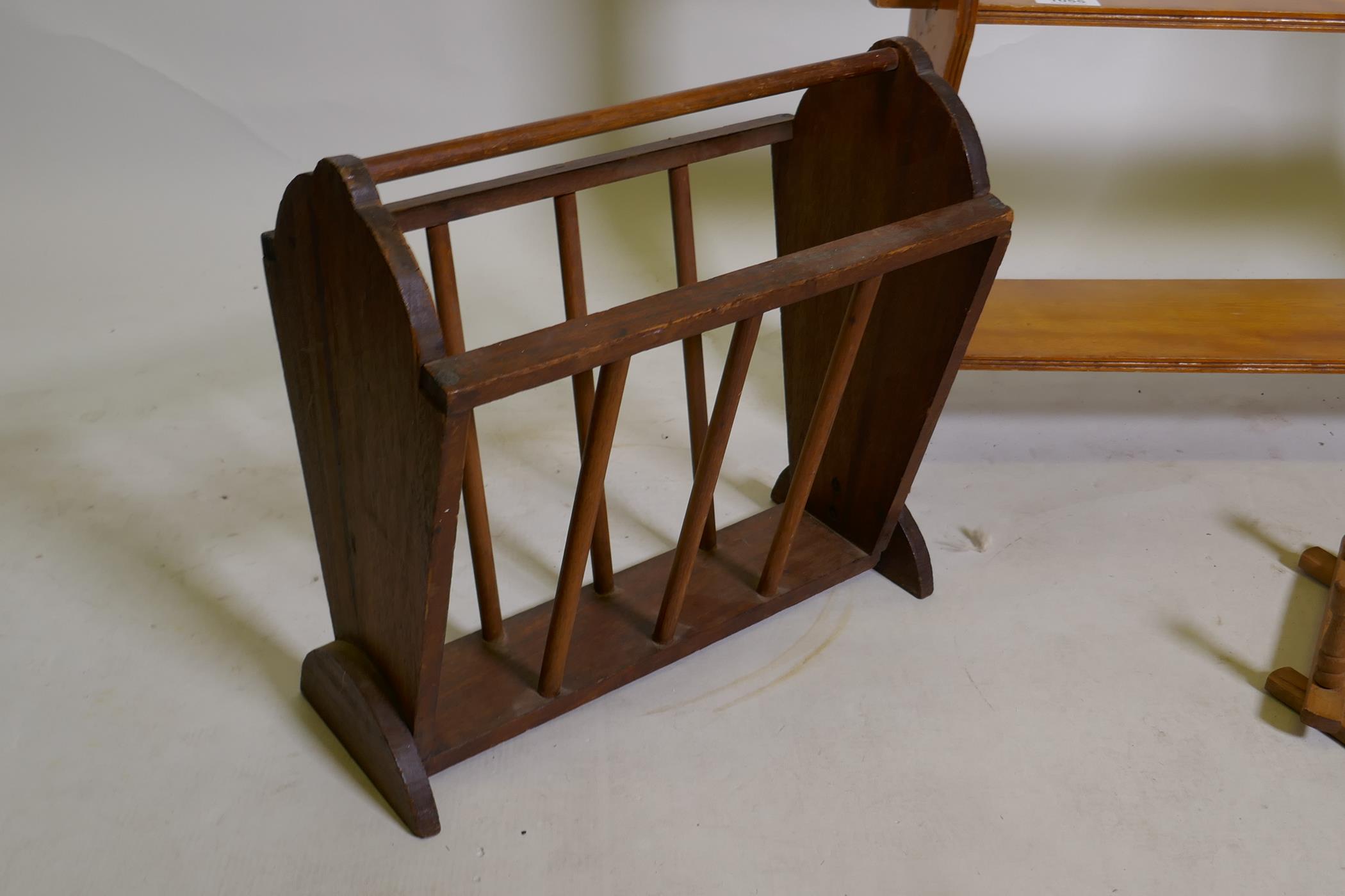 A C19th satinwood open shelf, 59 x 66 x 16cm, AF lacks pegs, a magazine rack and folding coat rack - Image 2 of 4