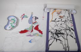 A Chinese silk picture of a female musician, signed and with seal marks, 35cm x 57cm, a Chinese