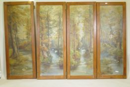 A four fold screen with inset canvas panels painted in oils with pastoral scenes, monogramed LG,