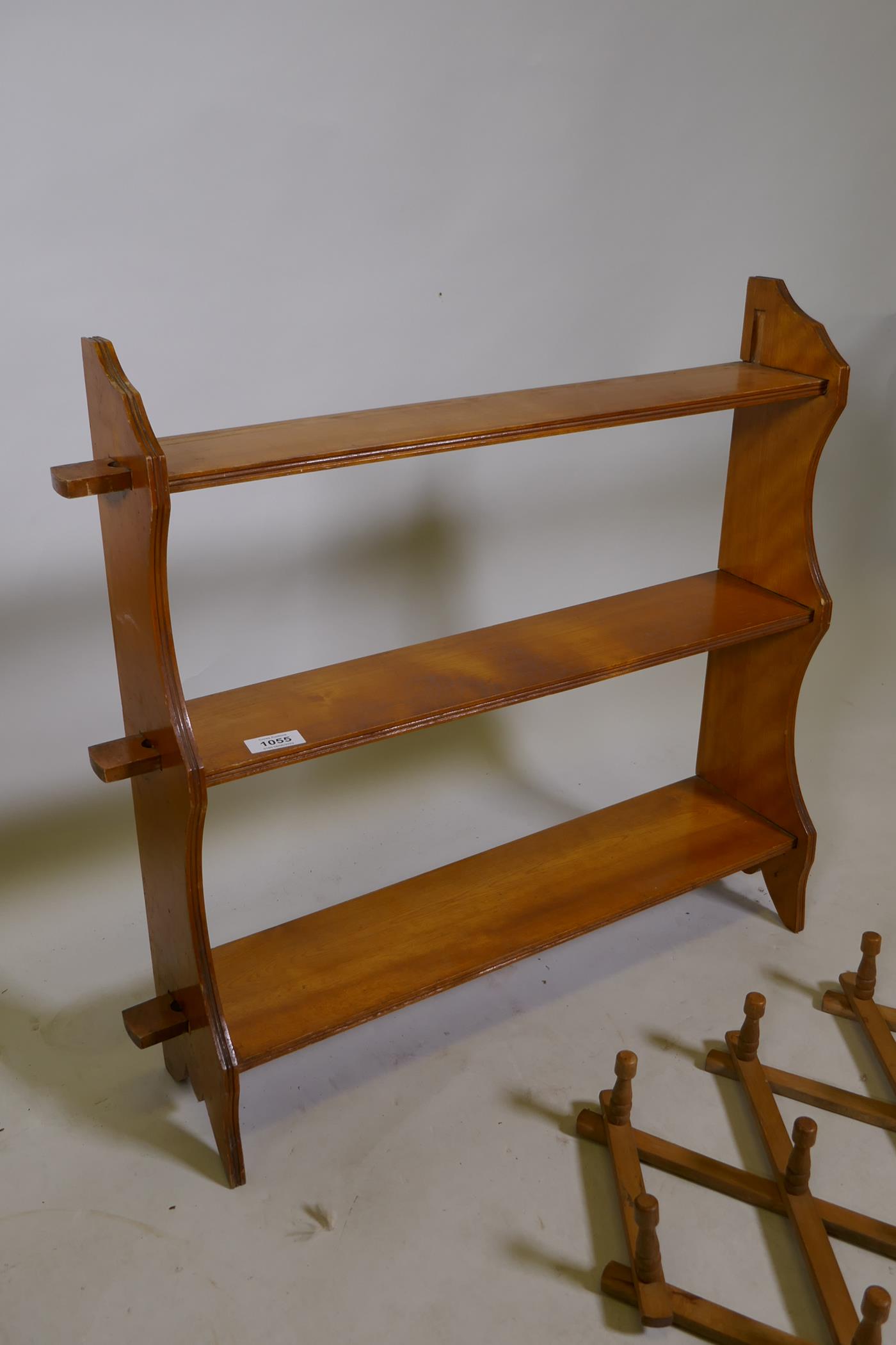 A C19th satinwood open shelf, 59 x 66 x 16cm, AF lacks pegs, a magazine rack and folding coat rack - Image 4 of 4