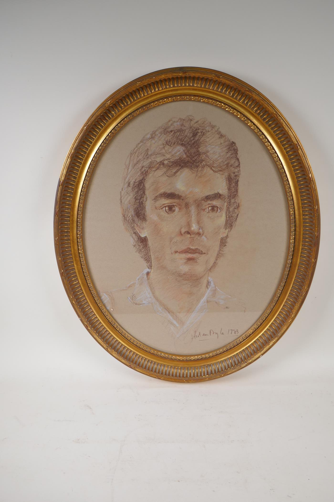 Portrait of a young man, signed Doyle, dated 1983, in a good gilt frame, pastel, 39cm x 48cm - Image 4 of 4