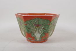 An orange ground hexagonal porcelain bowl with famille vert enamel Chinese cabbage decoration,