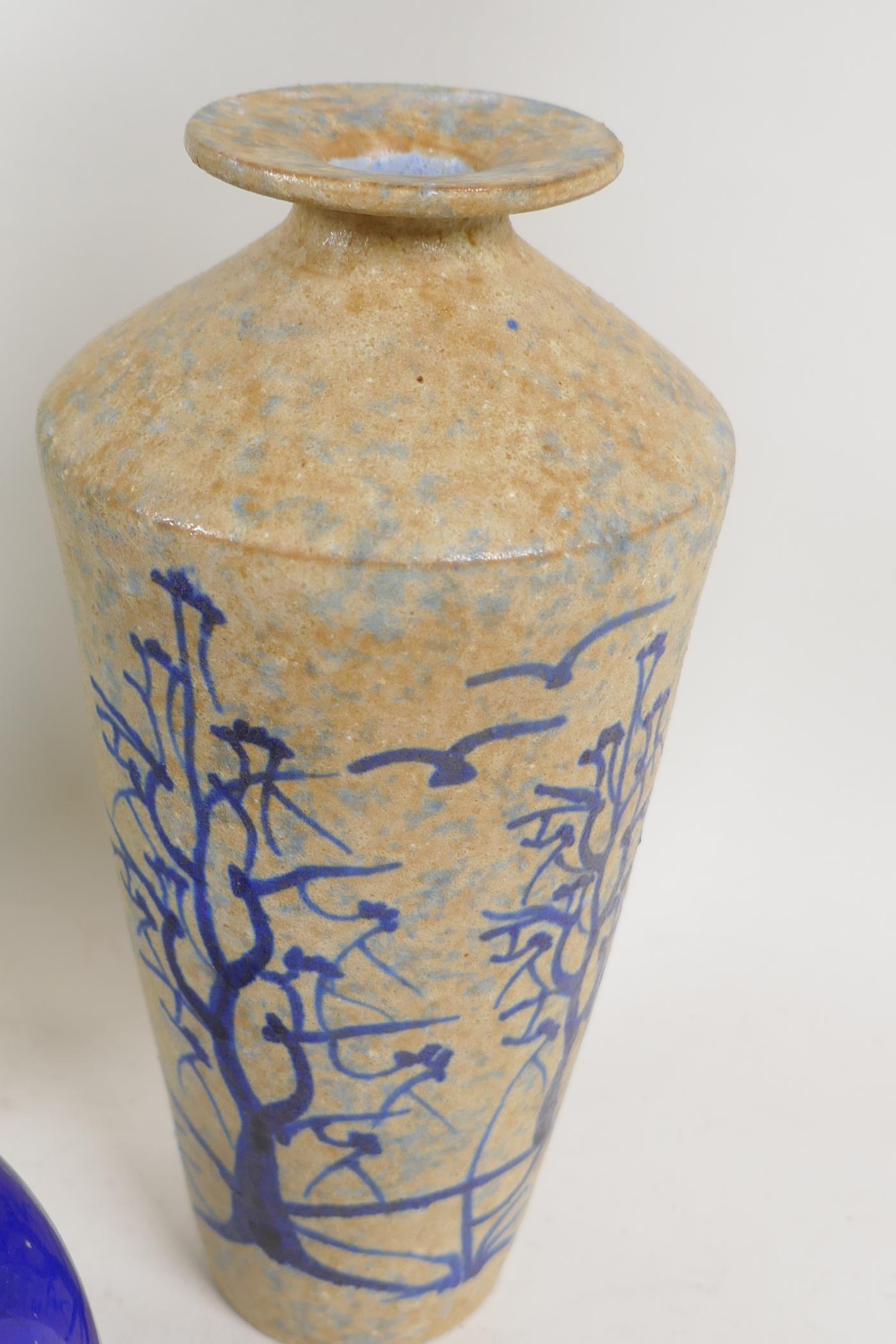 A Chinese celadon glazed porcelain vase, 31cm high, a stoneware vase, a pair of hawthorne pattern - Image 2 of 4