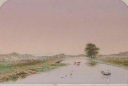 A pair of lake scenes with figures in boats, watercolour drawings, 24cm x 16cm