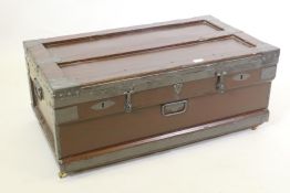 A zinc lined metal bound wood trunk with iron handles, 92cm x 52cm x 38cm