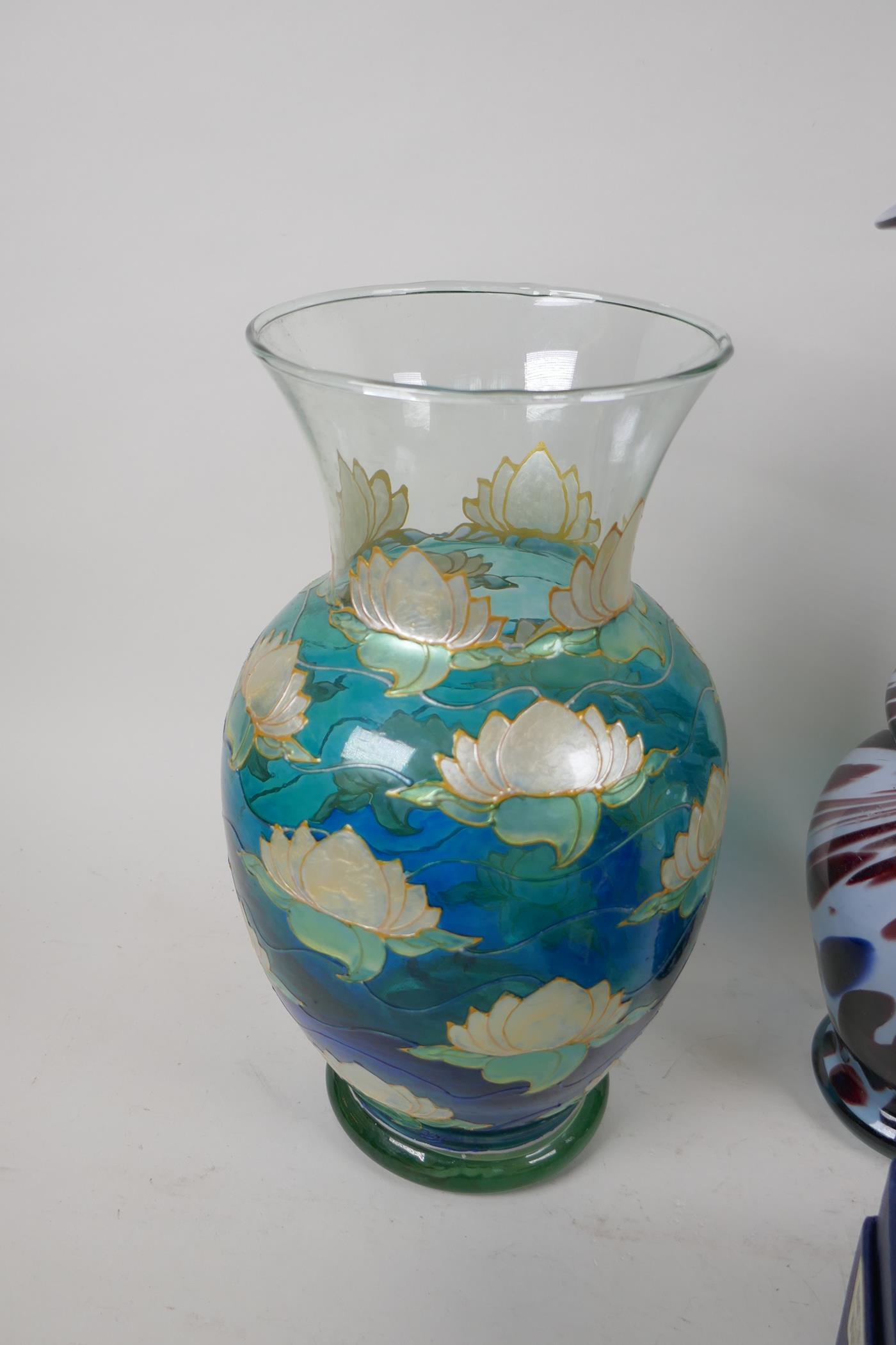 A studio glass specimen vase, 35cm high, a pair of swirled glass vases, an enamelled glass vase - Image 4 of 5