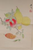 A Chinese polychrome watercolour and ink scroll depicting fruits and a mantis, signed, 32cm x 44cm
