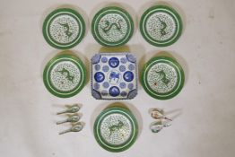 A set of six Chinese famille vert porcelain plates with dragon decoration, an oriental blue and