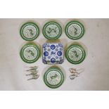 A set of six Chinese famille vert porcelain plates with dragon decoration, an oriental blue and