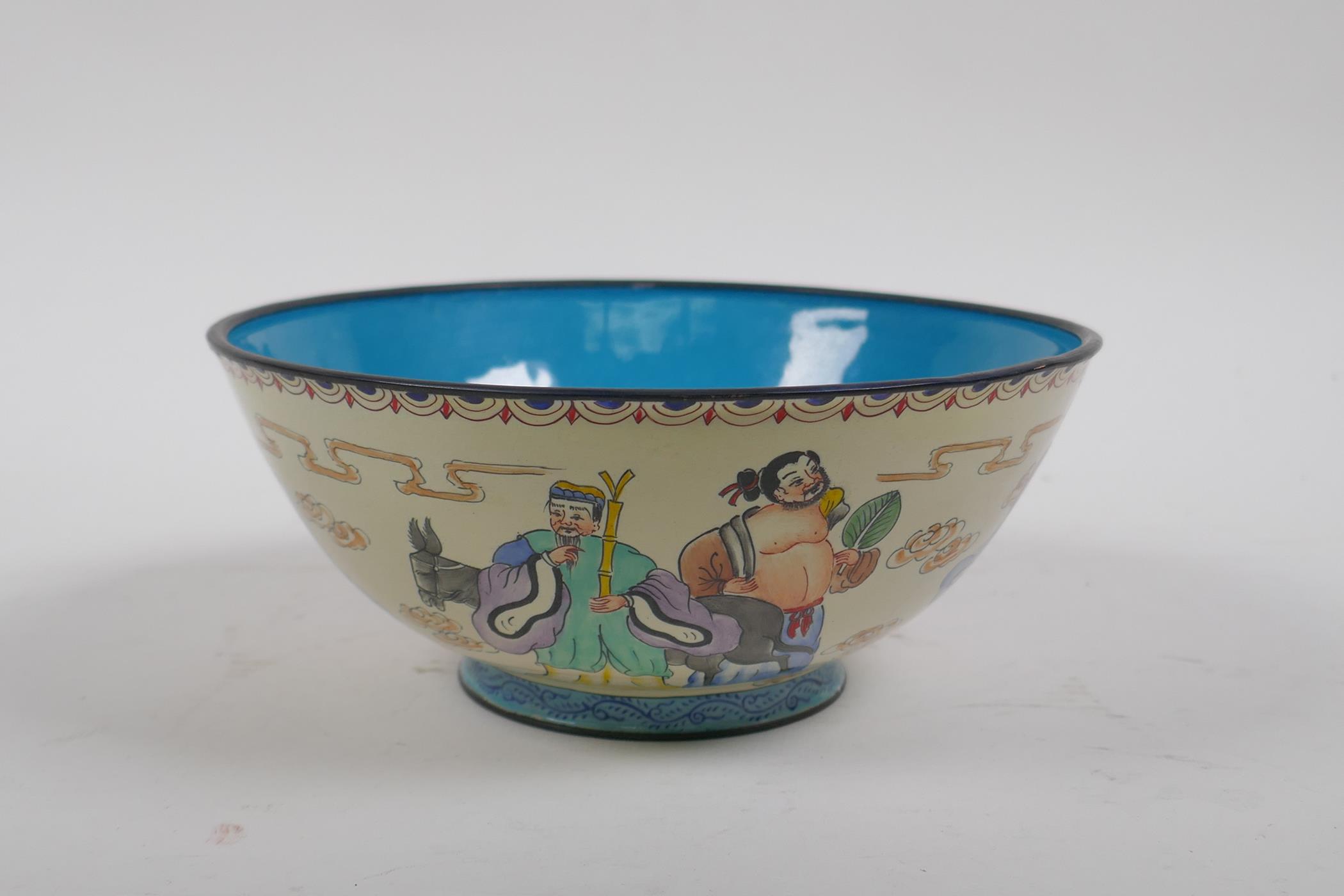 A Canton enamel rice bowl decorated with the eight immortals, Chinese 4 character mark to base, 17cm - Image 4 of 7