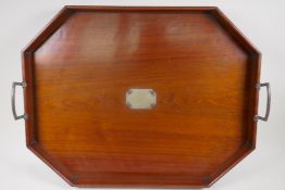 A large C19th walnut tray with silver plated handles and fittings, 66 x 51cms