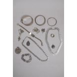 A collection of hallmarked silver jewellery, bangles, chains and necklaces, 199g
