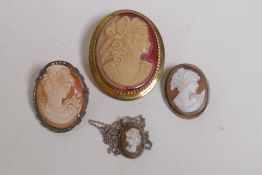 A silver gilt cameo brooch, marked Ward Bros, Glasgow, 5cm high, a continental silver mounted cameo,