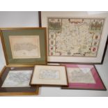 A reprinted John Speed map of Surrey, 52 x 40cm, and four smaller vintage maps of Surrey, Kent and