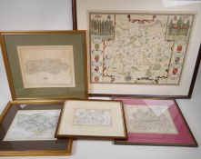 A reprinted John Speed map of Surrey, 52 x 40cm, and four smaller vintage maps of Surrey, Kent and