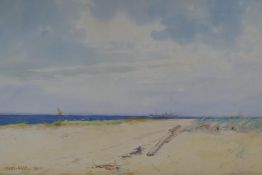 Ernst Dade, extensive coastal landscape with distant shipping, signed watercolour, 52 x 35cm