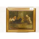 R.S. Moseley, two spaniels and a begging terrier, oil on canvas, signed and dated 1889, relined with