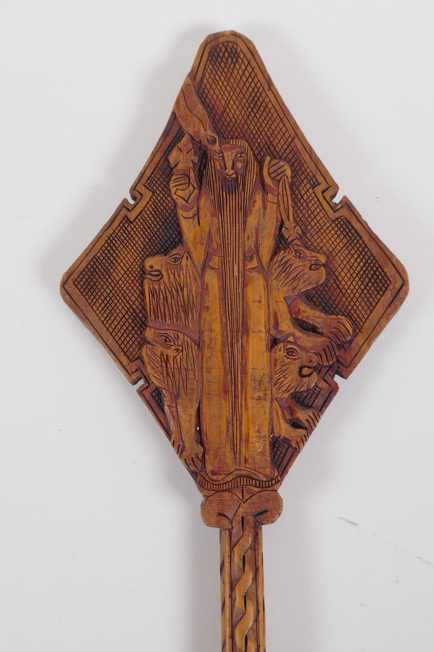 An Ethiopian carved wood coptic cross with figural decoration, 42cm long - Image 5 of 6