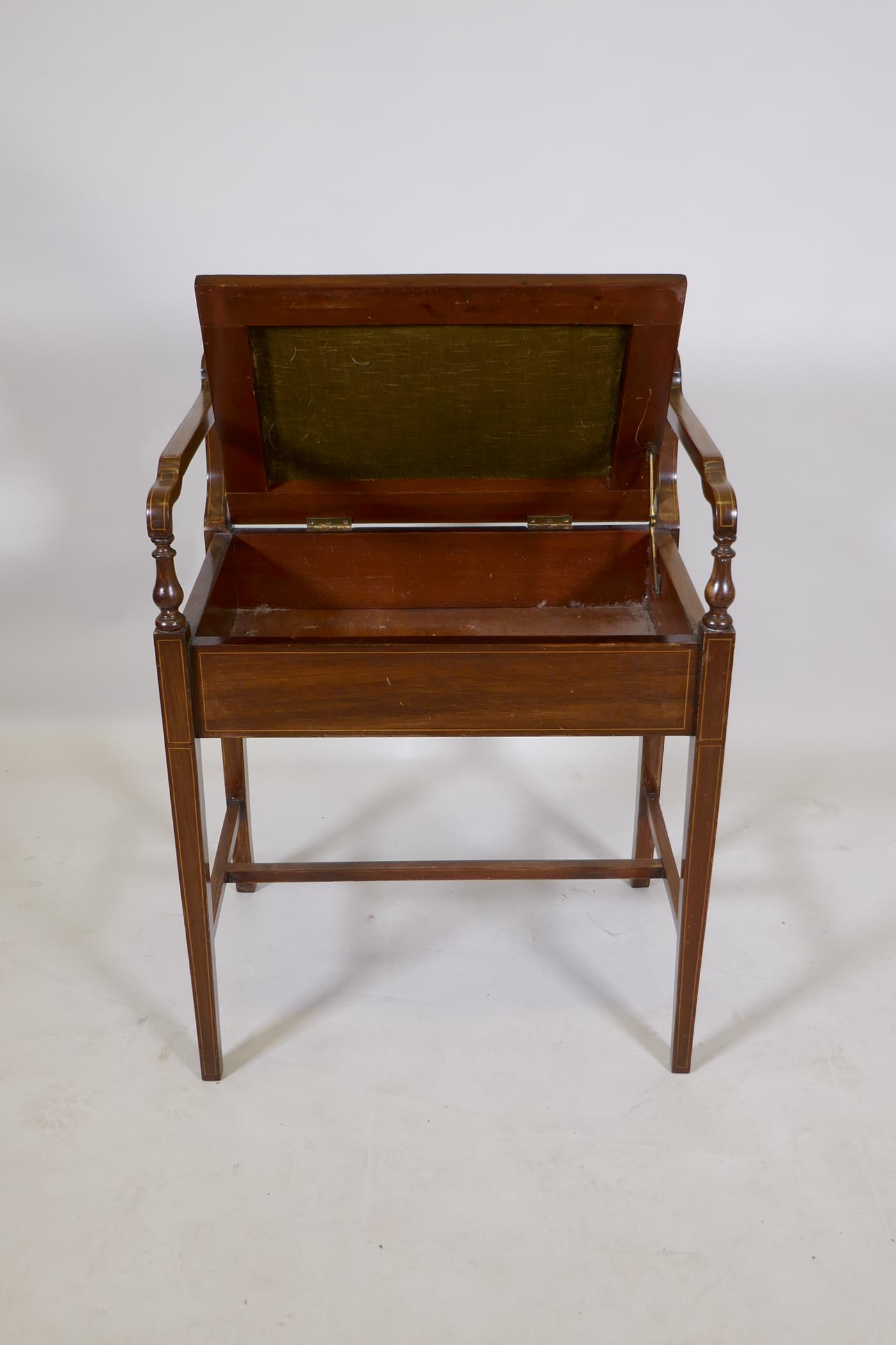 An Edwardian mahogany piano stool with boxwood and burr walnut inlaid decoration and lift up seat, - Image 4 of 4