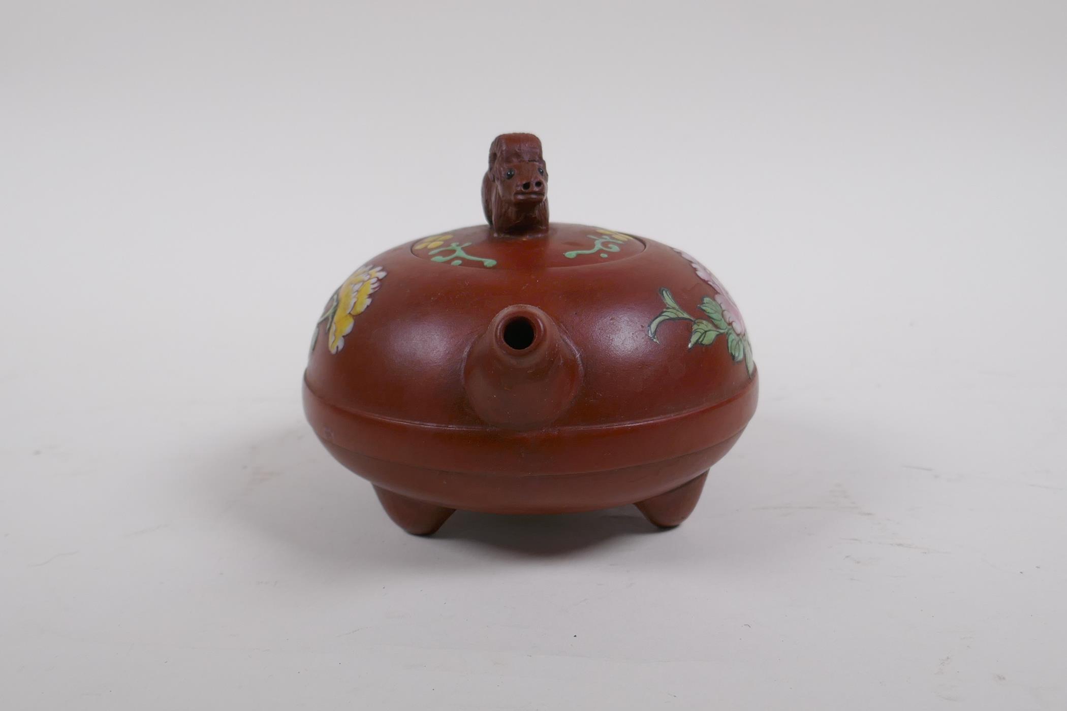 A Chinese YiXing teapot with polychrome enamel floral decoration, marks to base, 12cm diameter - Image 2 of 5