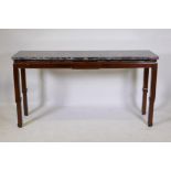 A Chinese hardwood altar table with carved and pierced frieze and well figured marble top, 156 x