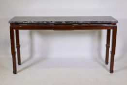 A Chinese hardwood altar table with carved and pierced frieze and well figured marble top, 156 x