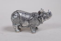 A silver plated vesta case in the form of a rhino, 7cm long