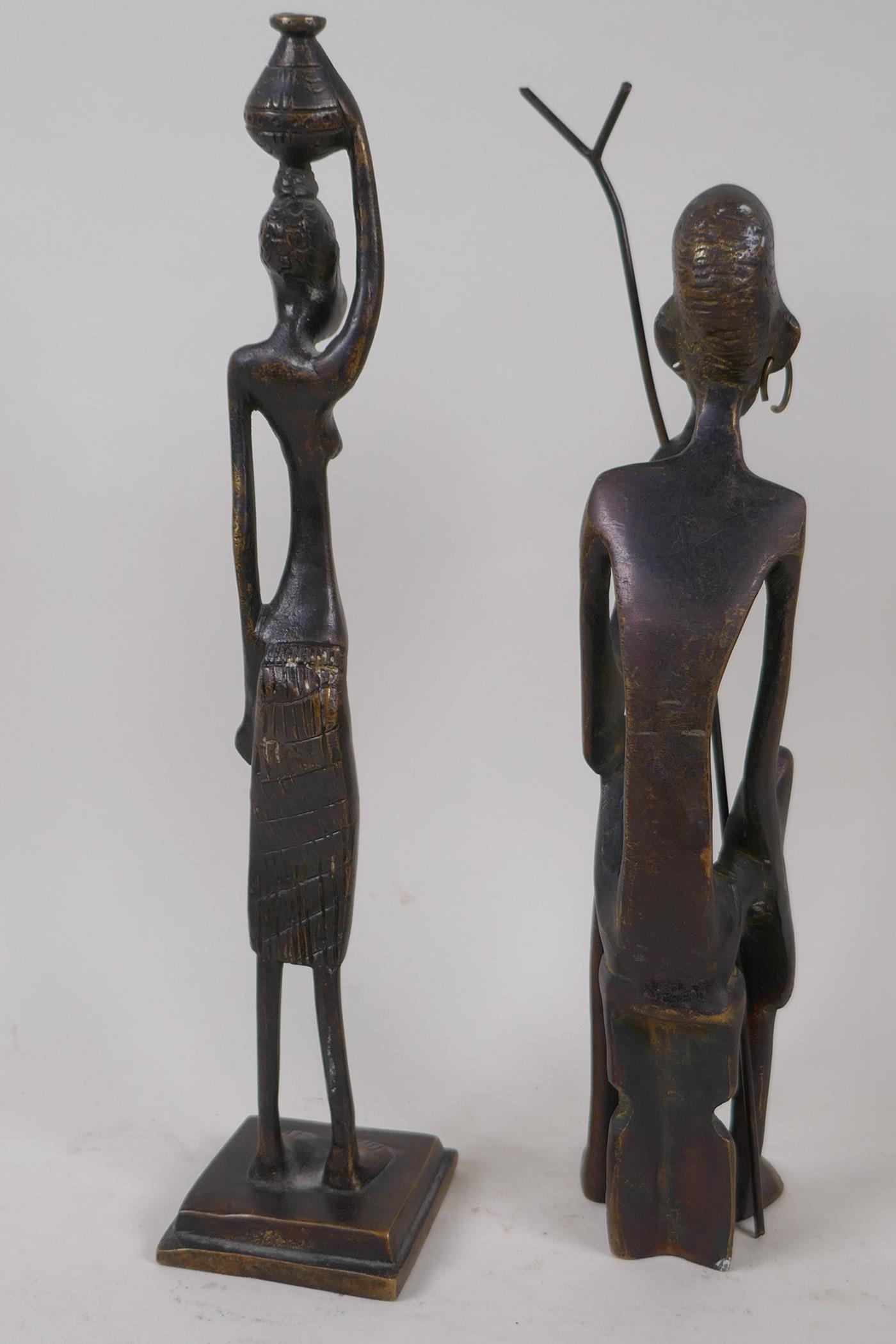 Two Benin bronze figures of a warrior and woman, 30cm high - Image 4 of 4