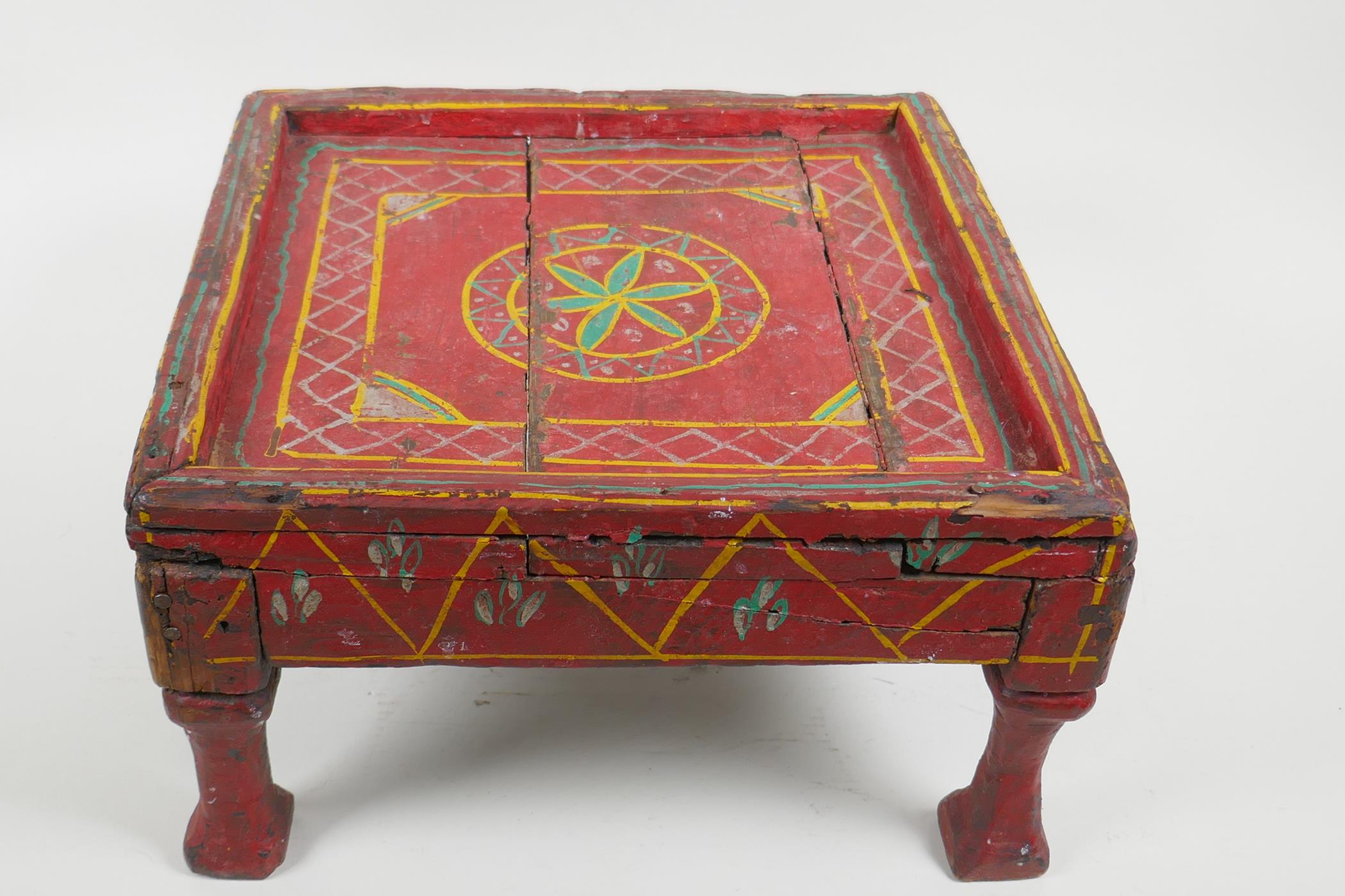 An antique painted footstool, 17cm high, 29cm square - Image 2 of 5