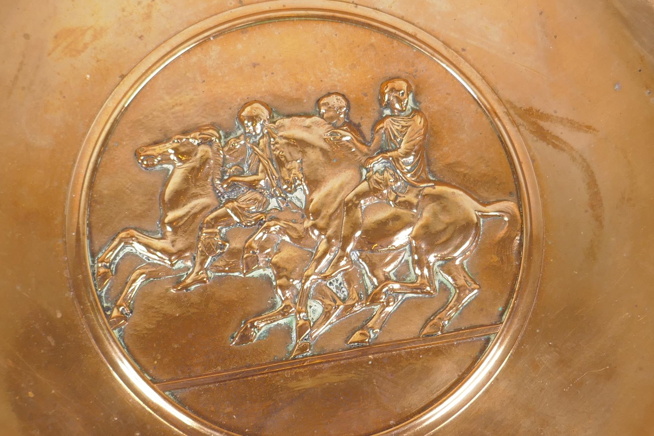 A Barbedienne bronze tazza, the centre embossed with horses and riders, the handles - Image 3 of 6