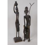 Two Benin bronze figures of a warrior and woman, 30cm high