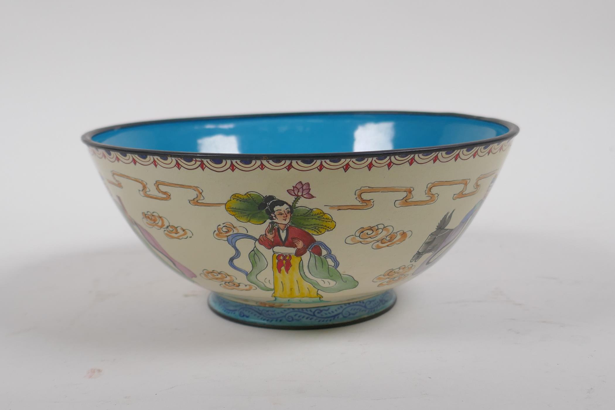A Canton enamel rice bowl decorated with the eight immortals, Chinese 4 character mark to base, 17cm - Image 3 of 7