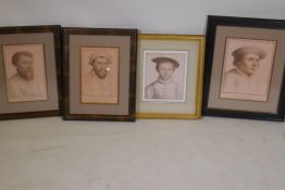 Four framed prints of C16th courtiers, after Holbein, 28 x 35cm
