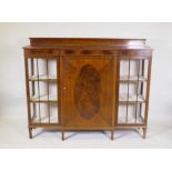 Edwardian inlaid mahogany breakfront display cabinet with two glazed doors flanking a central
