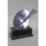 Silver trophy in the form of an artist's palette and brushes, Birmingham 1954, mounted on an