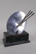 Silver trophy in the form of an artist's palette and brushes, Birmingham 1954, mounted on an