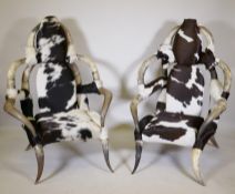 A pair of horn and hide covered open armchairs, 125cm high