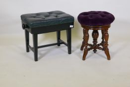 A Victorian walnut revolving piano stool with buttoned velvet seat and another with leatherette