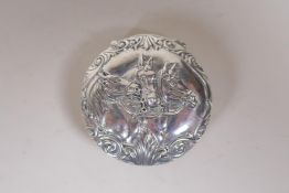 A silver plated vesta case with raised horse decoration, 5cm diameter