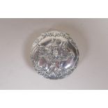 A silver plated vesta case with raised horse decoration, 5cm diameter