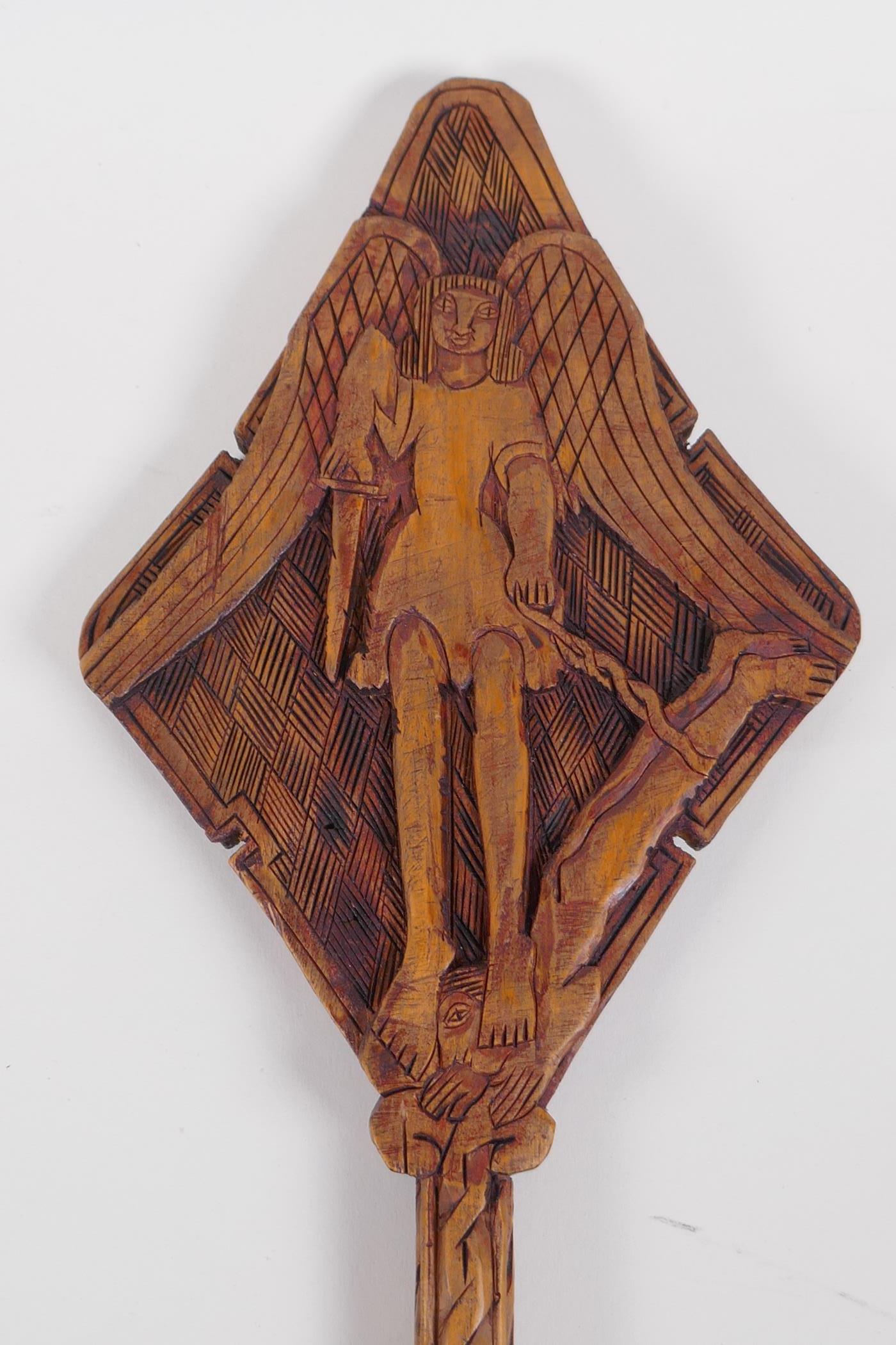 An Ethiopian carved wood coptic cross with figural decoration, 42cm long - Image 2 of 6