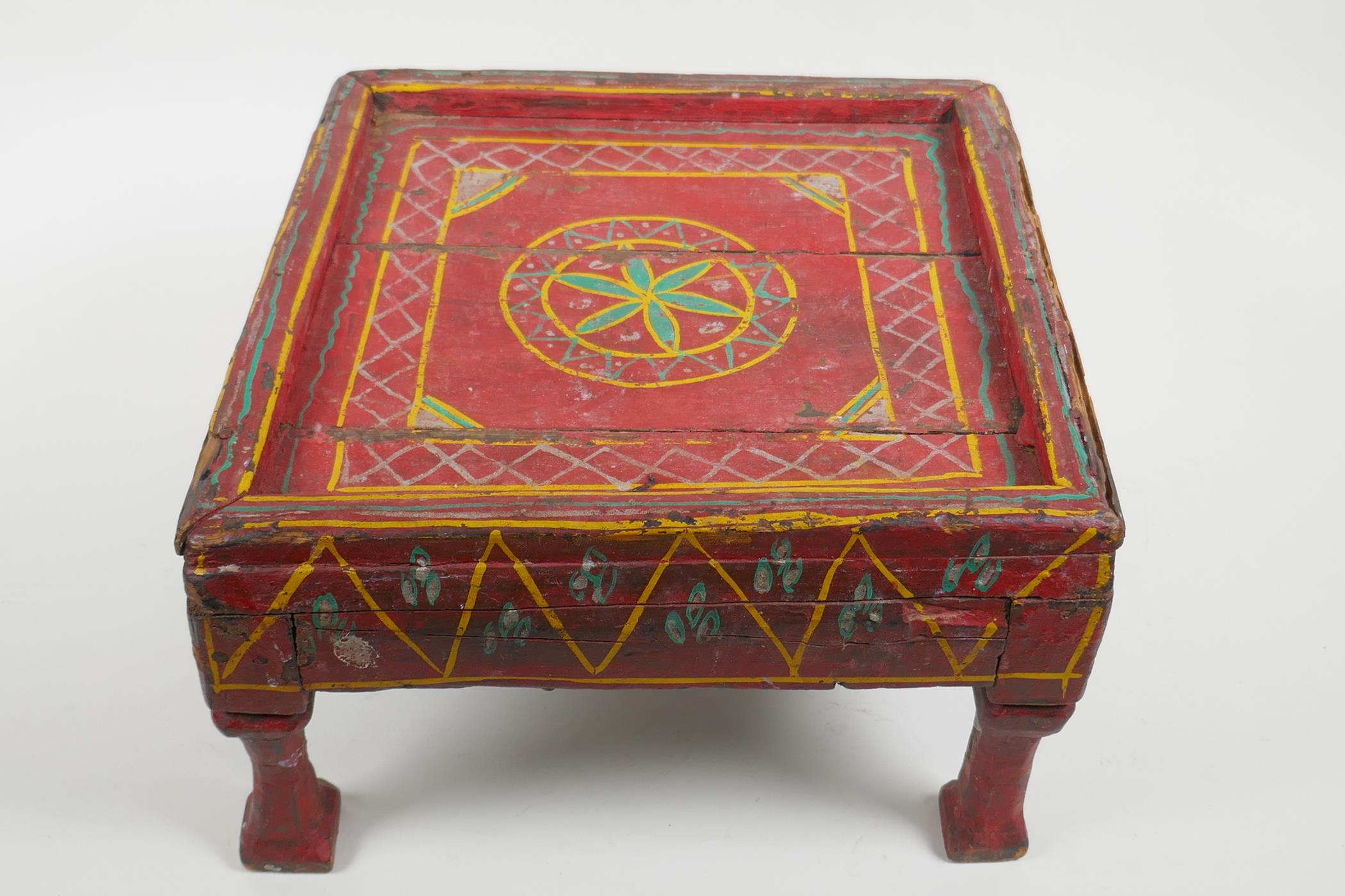 An antique painted footstool, 17cm high, 29cm square - Image 3 of 5
