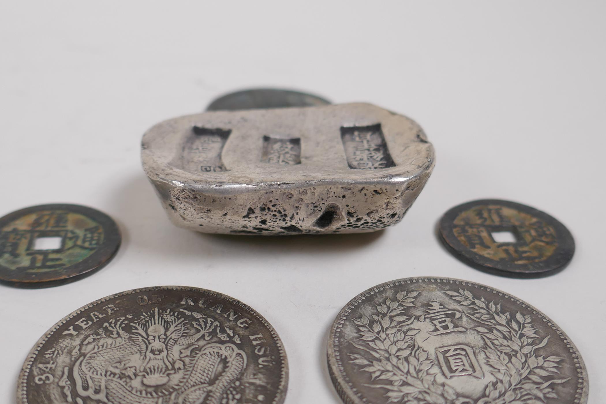 A Chinese white metal trade token and five facsimile (replica) coins, token 6 x 4cms - Image 2 of 4