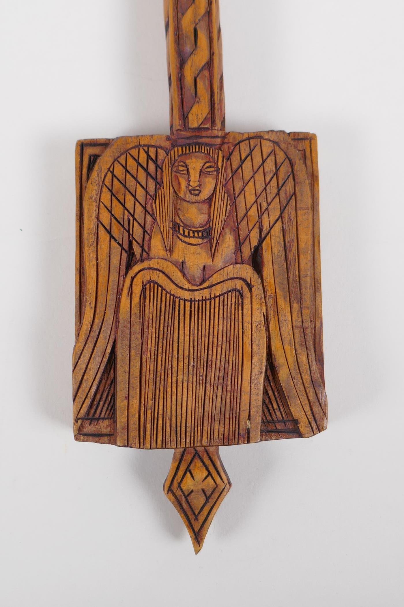 An Ethiopian carved wood coptic cross with figural decoration, 42cm long - Image 6 of 6