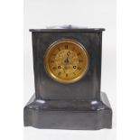 A marble cased mantel clock with French two train movement striking on a bell, with engraved