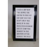 A contemporary framed and painted fretwork of the lyrics to Rappers' Delight, The Sugar Hill Gang,