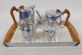 A Picquot ware four piece tea set and tray, tray 48 x 30cm