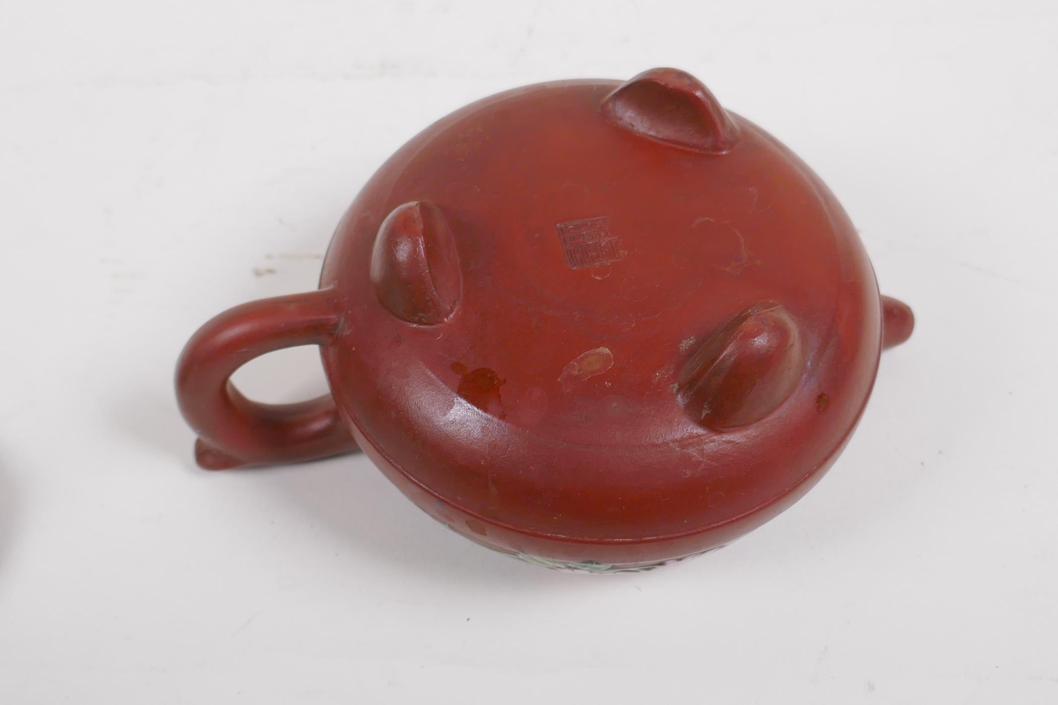 A Chinese YiXing teapot with polychrome enamel floral decoration, marks to base, 12cm diameter - Image 4 of 5